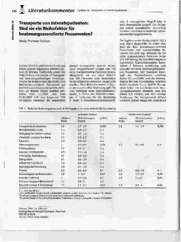 Vorschauseite 1: Transporte von Intensivpatienten: Sind sie ein Risikofaktor für beatmungsassoziierte Pneumonien?