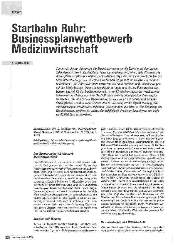 Vorschauseite 1: Startbahn Ruhr: Businessplanwettbewerb Medizinwirtschaft