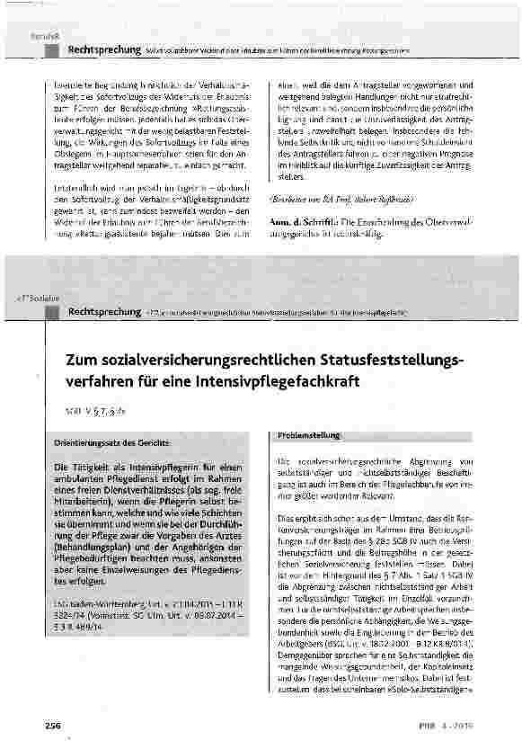 Vorschauseite 1: Zum sozialversicherungsrechtlichen Statusfeststellungsverfahren für eine Intensivpflegefachkraft