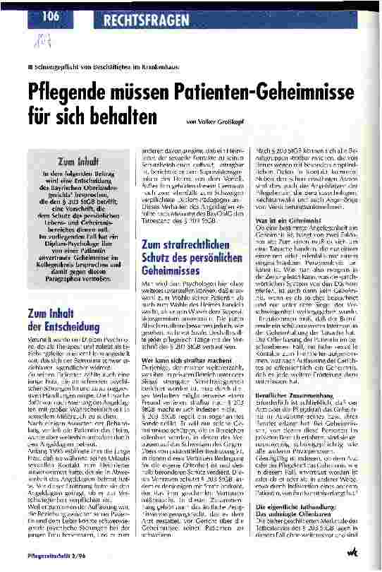 Vorschauseite 1: Pflegende müssen Patienten-Geheimnisse für sich behalten Schweigepflicht von Beschäftigten im Krankenhaus