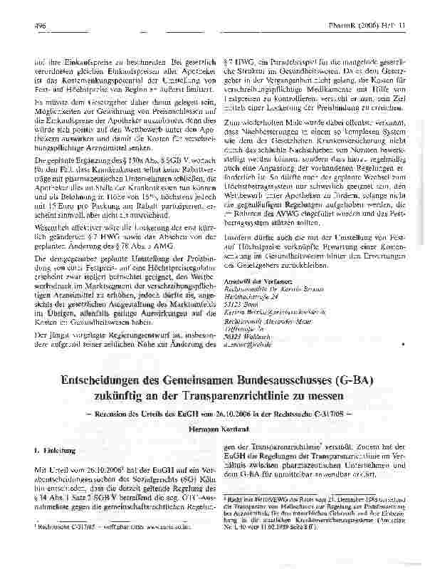 Vorschauseite 1: Entscheidungen des Gemeinsamen Bundesausschusses (G-BA) zukünftig an der Transparenzrichtlinie zu messen