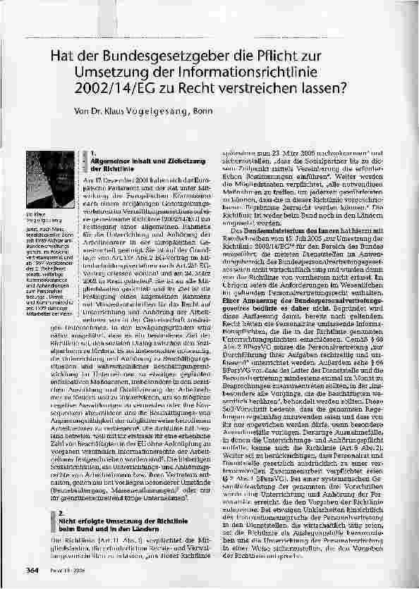 Vorschauseite 1: Hat der Bundesgesetzgeber die Pflicht zur Umsetzung der Informationsrichtlinie 2002/14/EG zu Recht verstreichen lassen?
