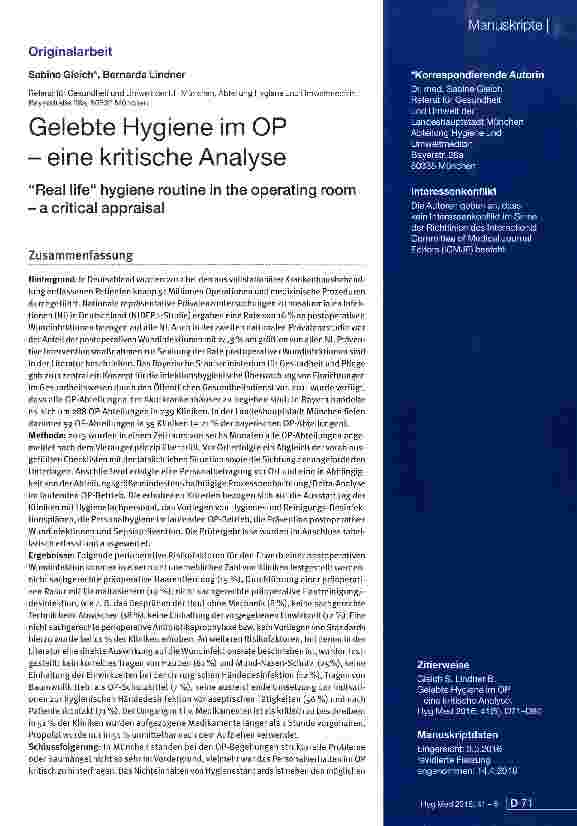 Vorschauseite 1: Gelebte Hygiene im OP - eine kritische Analyse