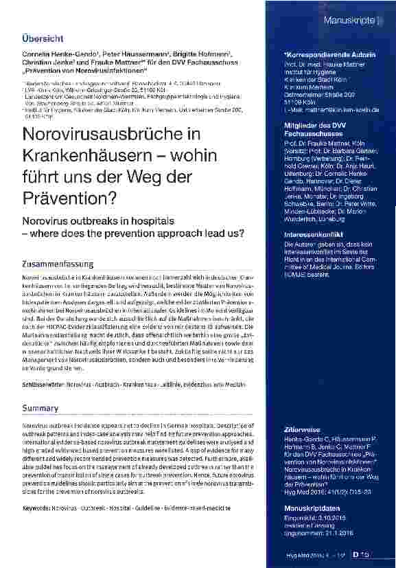 Vorschauseite 1: Norovirusausbrüche in Krankenhäusern - wohin führt uns der Weg der Prävention?