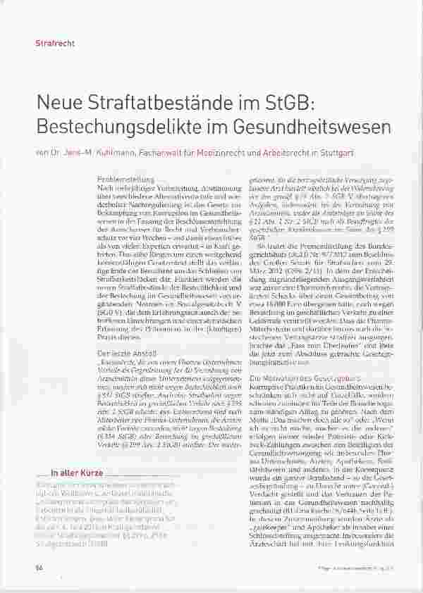Vorschauseite 1: Neue Straftatbestände im StGB: Bestechungsdelikte im Gesundheitswesen