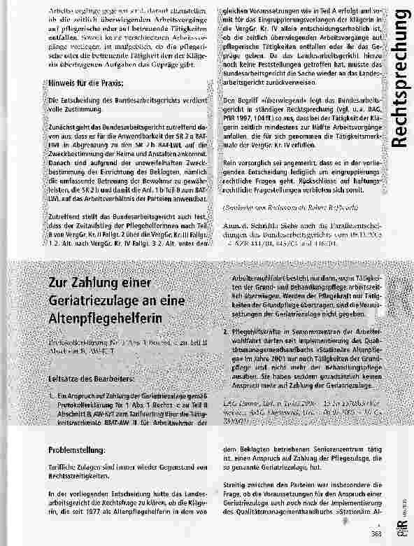 Vorschauseite 1: Zur Zahlung einer Geriatriezulage an eine Altenpflegehelferin