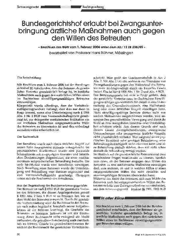 Vorschauseite 1: Bundesgerichtshof erlaubt bei Zwangsunterbringung ärztliche Maßnahmen auch gegen den Willen des Betreuten
