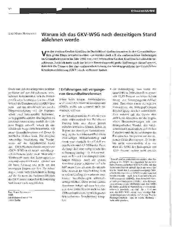 Vorschauseite 1: Warum ich das GKV-WSG nach derzeitigem Stand ablehnen werde
