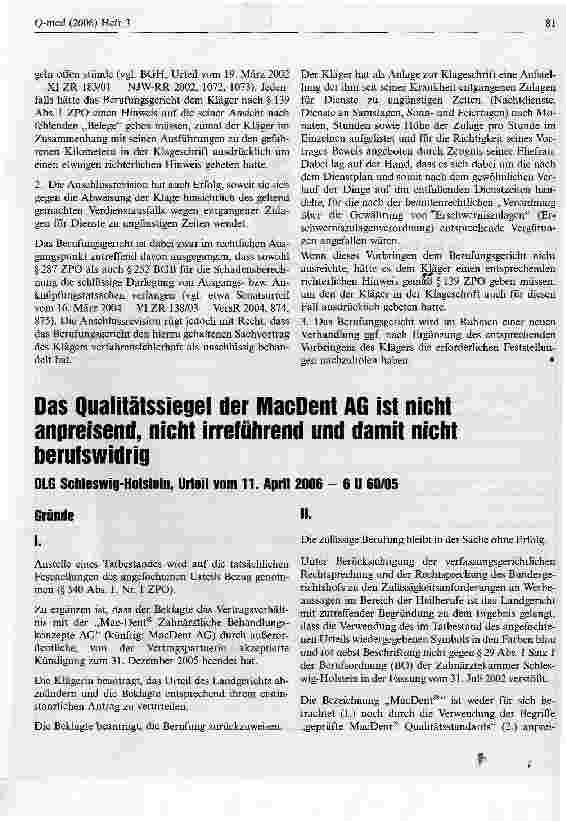 Vorschauseite 1: Das Qualitätssiegel der MacDent AG ist nicht anpreisend, nicht irreführend und damit nicht berufswidrig