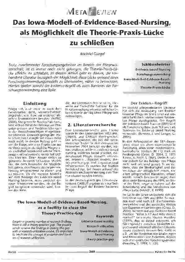 Vorschauseite 1: Das Iowa-Modell-of-Evidence -Based-Nursing, als Möglichkeit die Theorie-Praxis-Lücke zu schließen