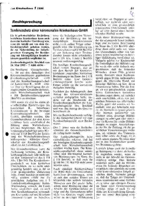 Vorschauseite 1: Tendenzschutz einer kommunalen Krankenhaus-GmbH Rechtsprechung