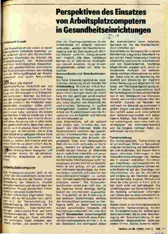 Vorschauseite 1: Perspektiven des Einsatzes von Arbeitsplatzcomputern in Gesundheitseinrichtungen.