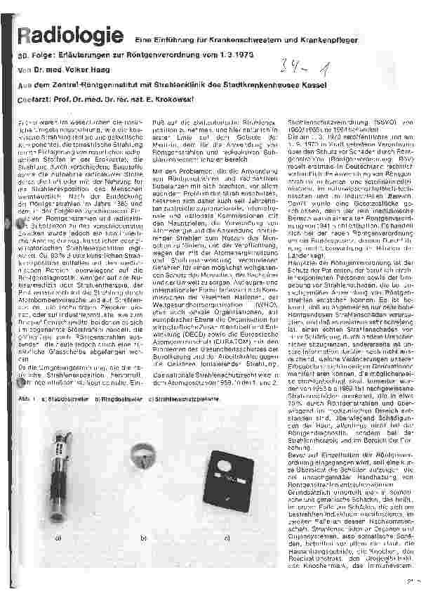 Vorschauseite 1: Radiologie Eine Einführung für Krankenschwestern u. Pfleger 30. Folge: Erläuterungen zur Röntgenverordnung vom 1.03.1973