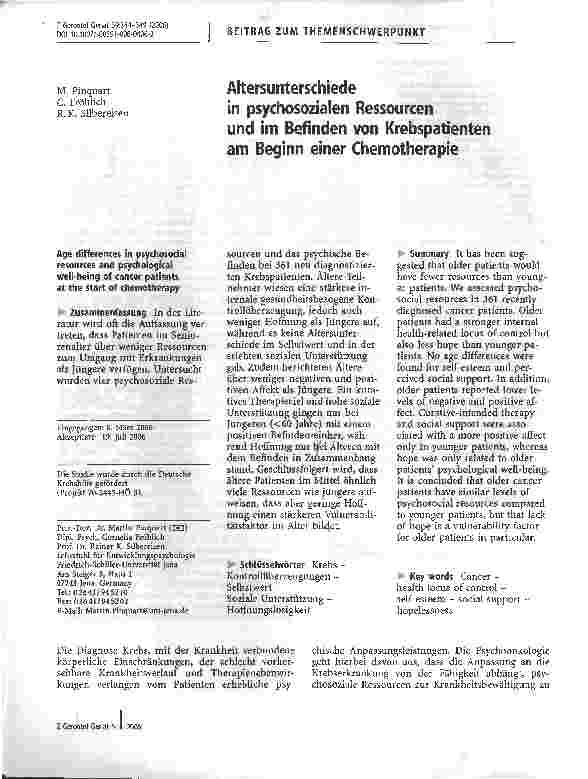 Vorschauseite 1: Altersunterschiede in psychosozialen Ressourcen und im Befinden von Krebspatienten am Beginn einer Chemotherapie