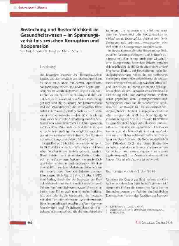 Vorschauseite 1: Bestechung und Bestechlichkeit im Gesundheitswesen im Spannungsverhältnis zwischen Korruption und Kooperation