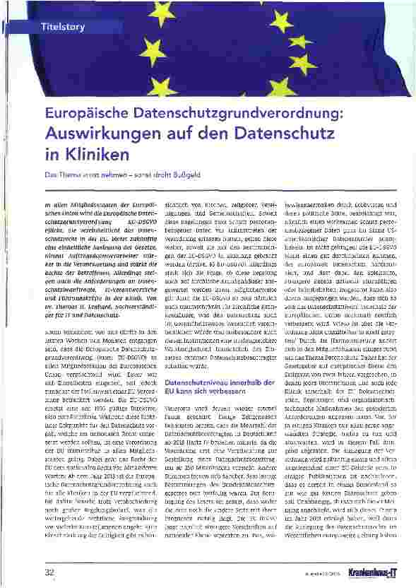 Vorschauseite 1: Europäische Datenschutzgrundverordnung: Auswirkungen auf den Datenschutz in Kliniken