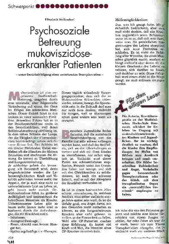 Vorschauseite 1: Psychosoziale Betreuung mukoviszidose-erkrankter Patienten unter Berücksichtigung einer anstehenden Transplantation