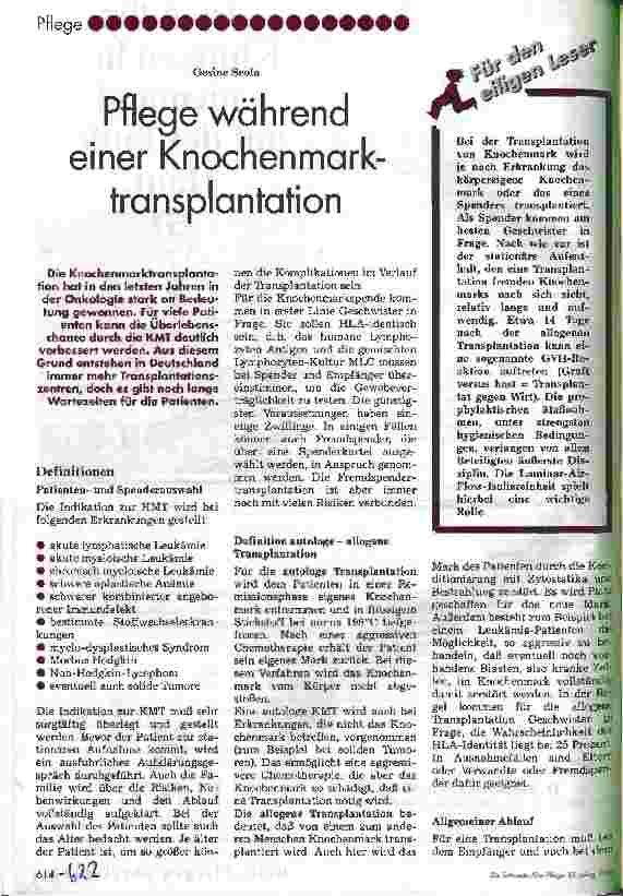 Vorschauseite 1: Pflege während einer Knochenmarktransplantation