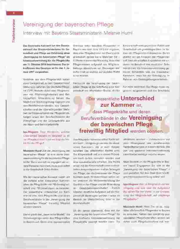 Vorschauseite 1: Vereinigung der bayerischen Pflege Interview mit Bayerns Staatsministerin Melanie Huml