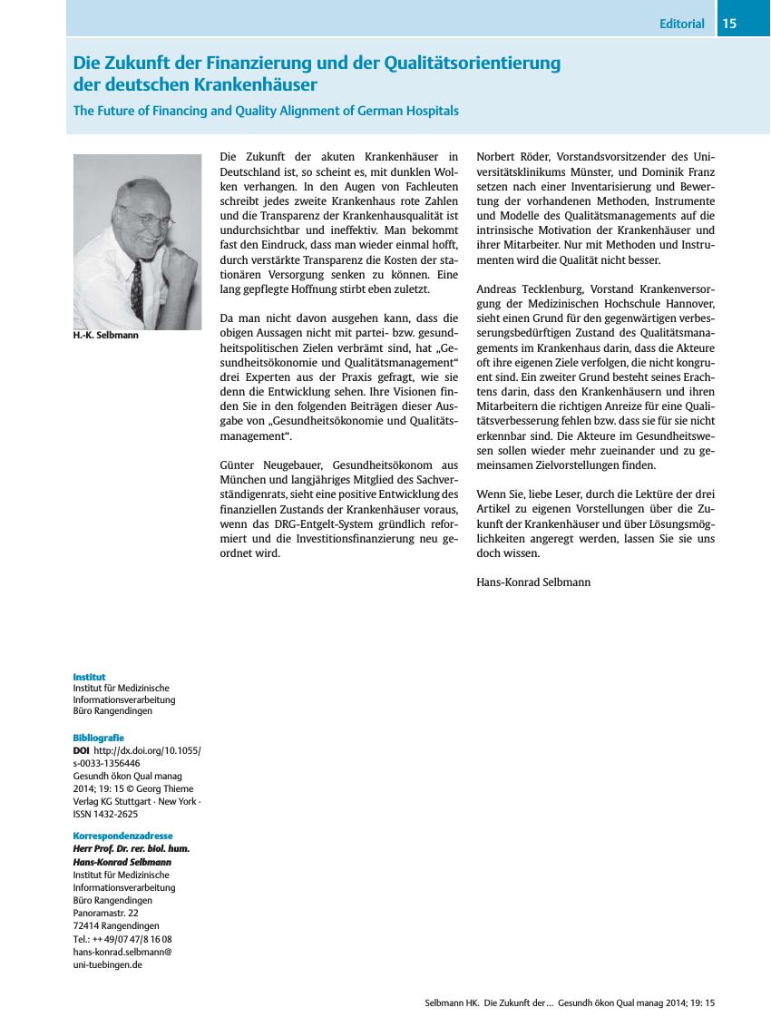 Vorschauseite 1: Die Zukunft der Finanzierung und der Qualitätsorientierung der deutschen Krankenhäuser