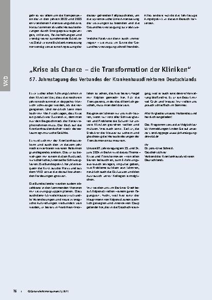 Vorschauseite 2: Wer auch immer regiert Politik muss sehr schnelle Entscheidung für wirtschaftliche Stabilisierung der Kliniken treffen
