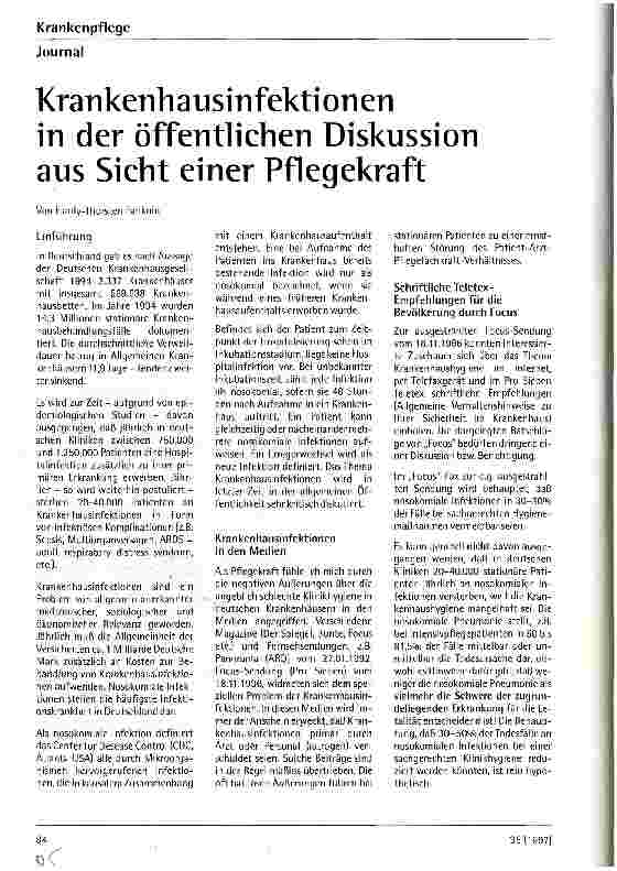 Vorschauseite 1: Krankenhausinfektionen in der öffentlichen Diskussion aus Sicht einer Pflegekraft