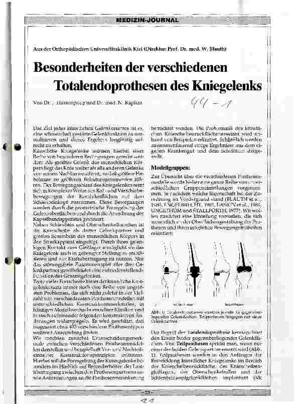 Vorschauseite 1: Besonderheiten der verschiedenen Totalendoprothesen des Kniegelenks