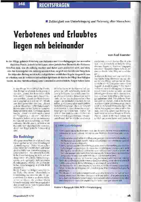 Vorschauseite 1: Zulässigkeit von Unterbringung und Fixierung alter Menschen: Verbotenes und Erlaubtes liegen nah beieinander