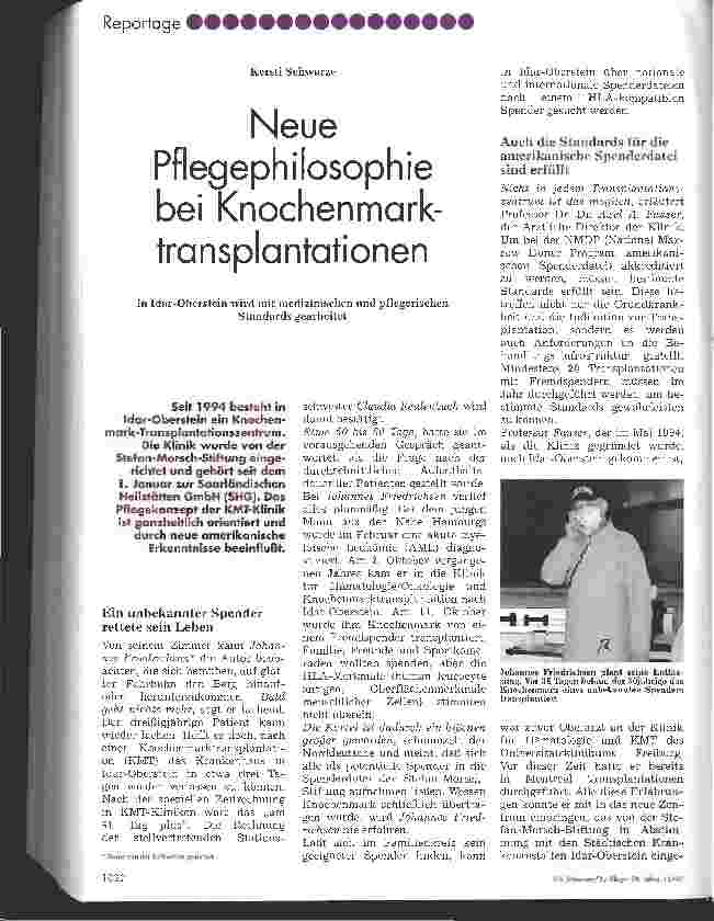 Vorschauseite 1: Neue Pflegephilosophie bei Knochenmarktransplantationen In Idar-Oberstein wird mit medizinischen und pflegerischen Standards gearbeitet