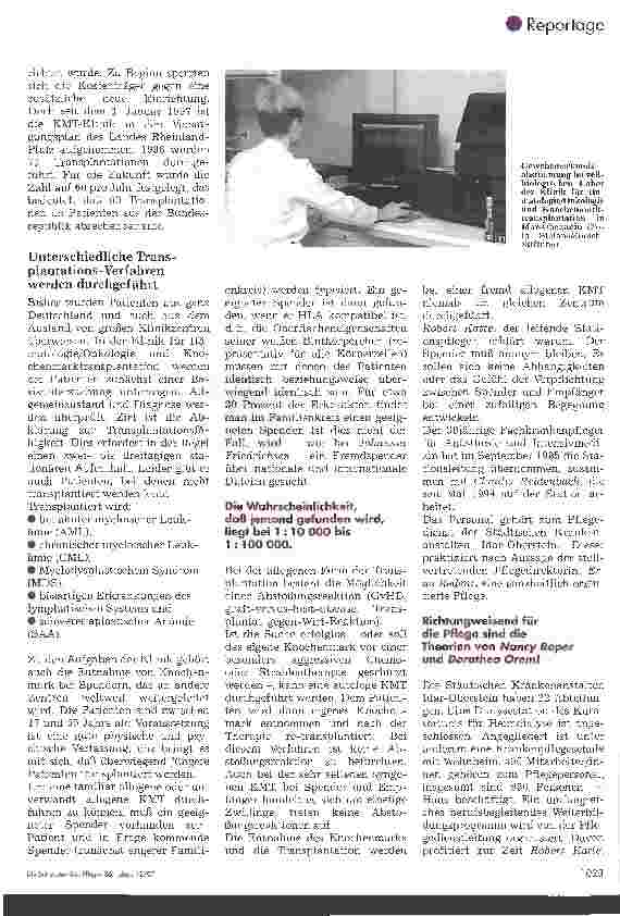Vorschauseite 2: Neue Pflegephilosophie bei Knochenmarktransplantationen In Idar-Oberstein wird mit medizinischen und pflegerischen Standards gearbeitet