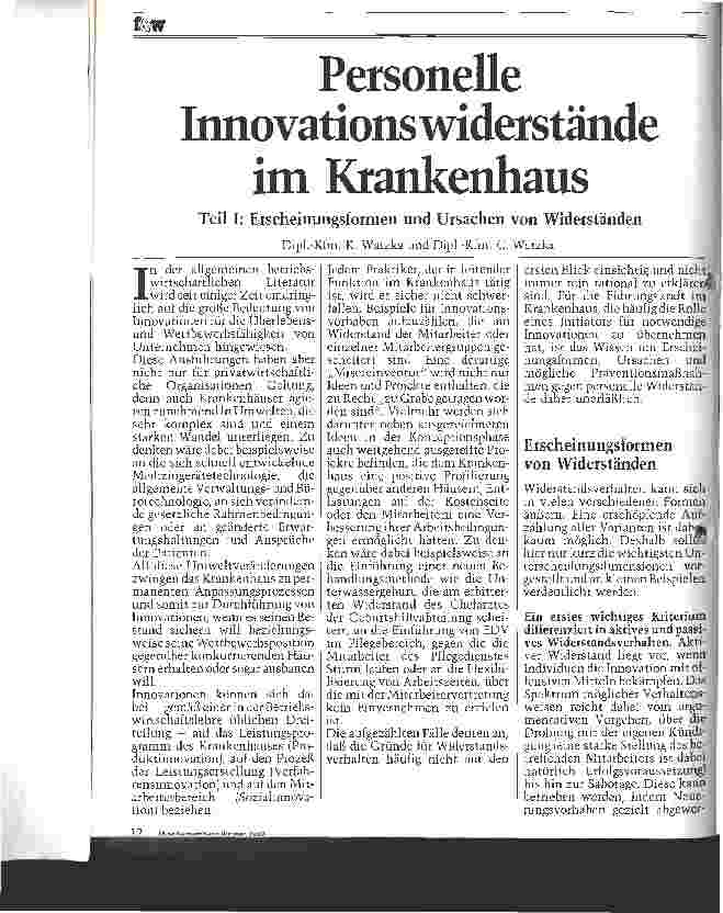 Vorschauseite 1: Personelle Innovationswiderstände im Krankenhaus Teil I: Erscheinungsformen und Ursachen von Widerständen