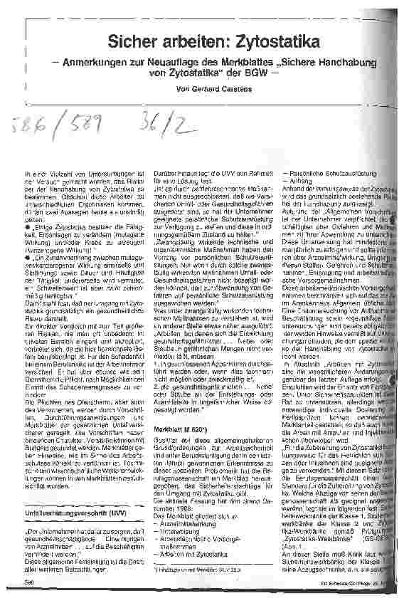 Vorschauseite 1: Sicher arbeiten: Zytostatika; Anmerkungen zur Neuauflage des Merkblattes Sichere Handhabung von Zytostatika der BGW