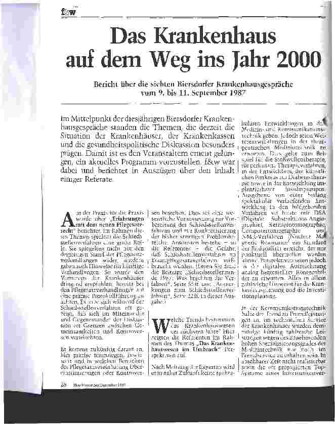 Vorschauseite 1: Das Krankenhaus auf dem Weg ins Jahr 2000 Bericht über die siebten Biersdorfer Krankenhausgespräche 9.-11.09.87