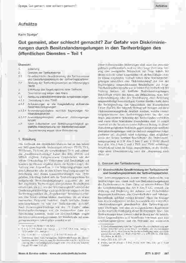 Vorschauseite 1: Gut gemeint, aber schlecht gemacht? Zur Gefahr von Diskriminierungen durch Besitzstandsregelungen in den Tarifverträgen des öffentlichen Dienstes Teil 1