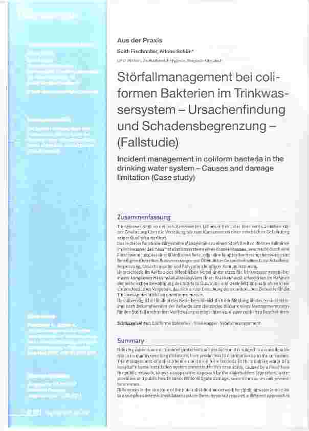 Vorschauseite 1: Störfallmanagement bei coliformen Bakterien im Trinkwassersystem Ursachenfindungund Schadensbegrenzung (Fallstudie)