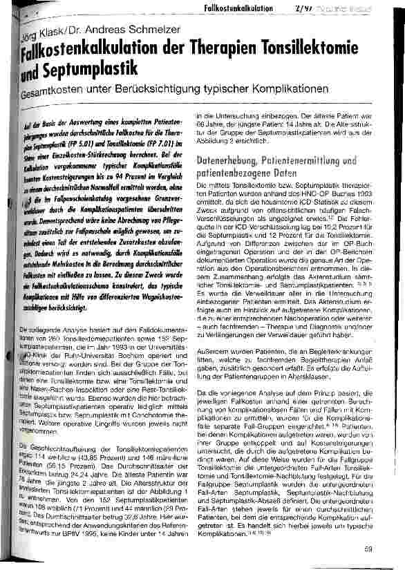 Vorschauseite 1: Fallkostenkalkulation der Therapien Tonsillektomie und Septumplastik Gesamtkosten unter Berücksichtigung typischer Komplikationen