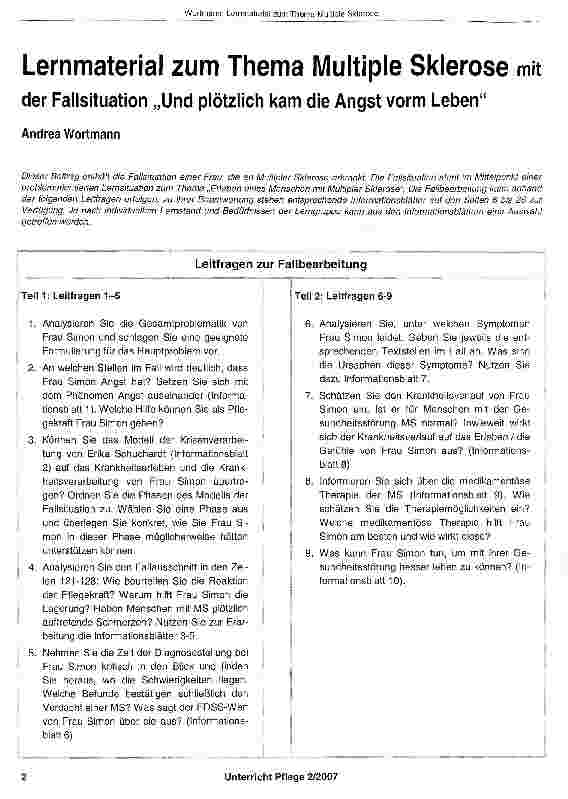 Vorschauseite 1: Lernmaterial zum Thema Multiple Sklerose mitder Fallsituation „Und plötzlich kam die Angst vorm Leben