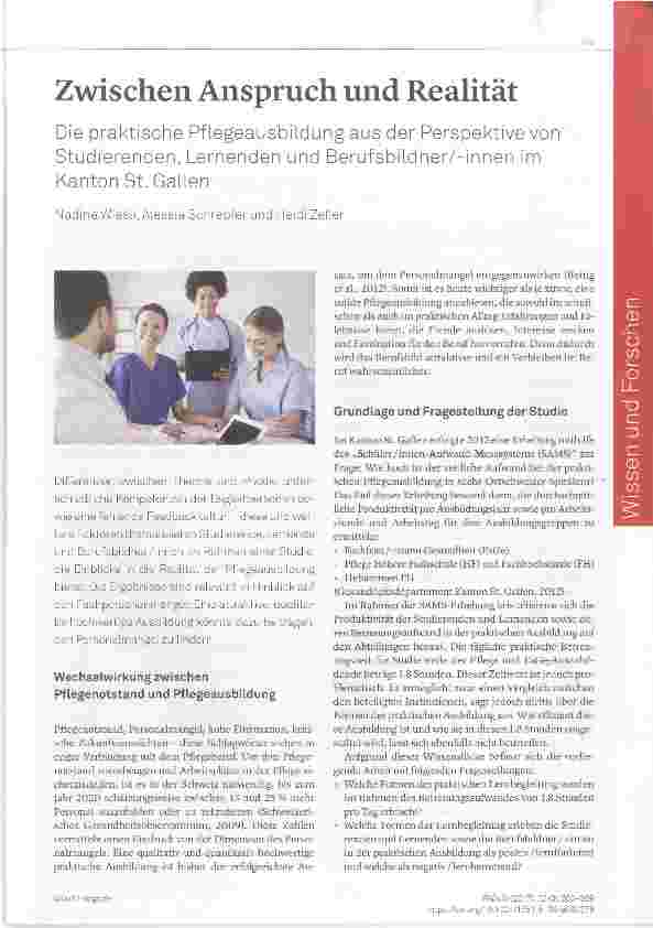Vorschauseite 1: Zwischen Anspruch und Realität Die praktische Pfiegeausbiidung aus der Perspektive vonStudierenden, Lernenden und Berufsbiidner/-innen im Kanton St. Gallen