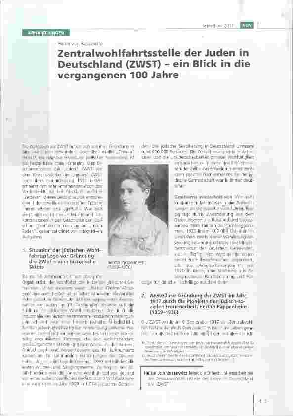 Vorschauseite 1: Zentralwohlfahrtsstelle der Juden in Deutschland (ZWST) ein Blick in die vergangenen 100 Jahre