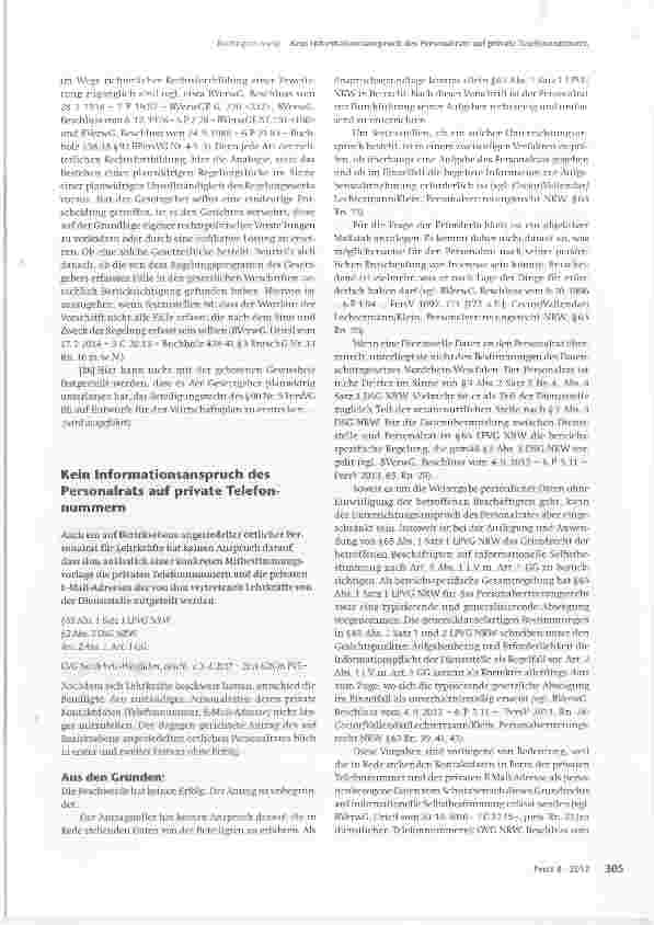Vorschauseite 1: Kein Informationsanspruch des Personalrats auf private Telefonnummern