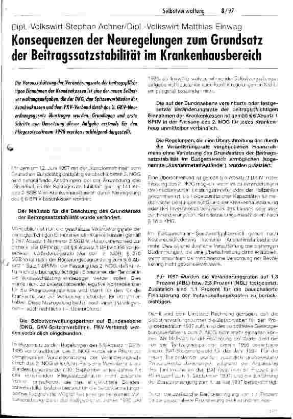 Vorschauseite 1: Konsequenzen der Neuregelungen zum Grundsatz der Beitragssatzstabilität im Krankenhausbereich