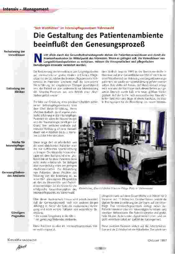 Vorschauseite 1: Die Gestaltung das Patientenambientes beeinflußt den Genesungsprozeß Sich Wohlfühlen im Intensivpflegezentrum Vahrenwald