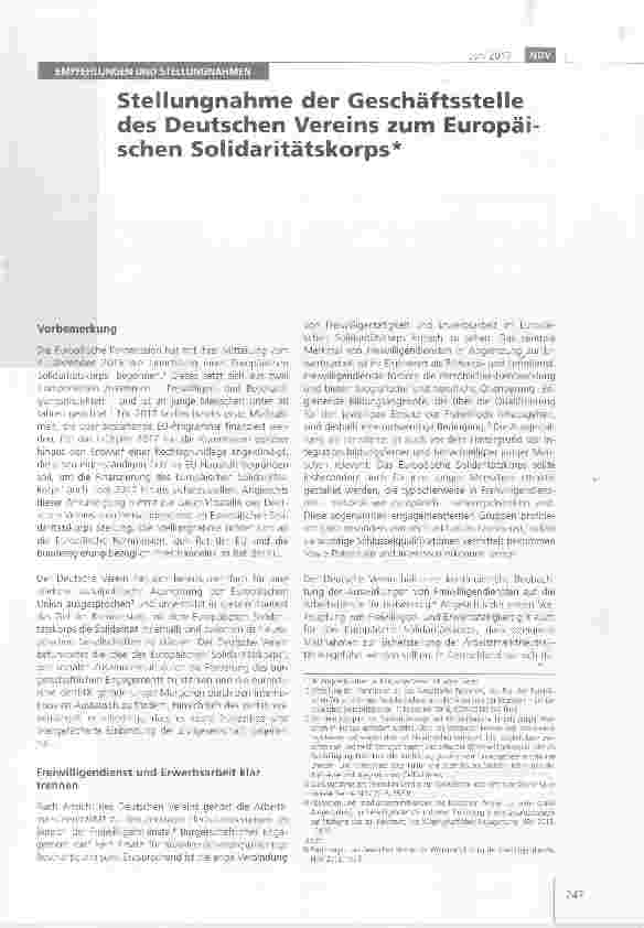 Vorschauseite 1: Stellungnahme der Geschäftsstelle des Deutschen Vereins zum Europäischen Solidaritätskorps