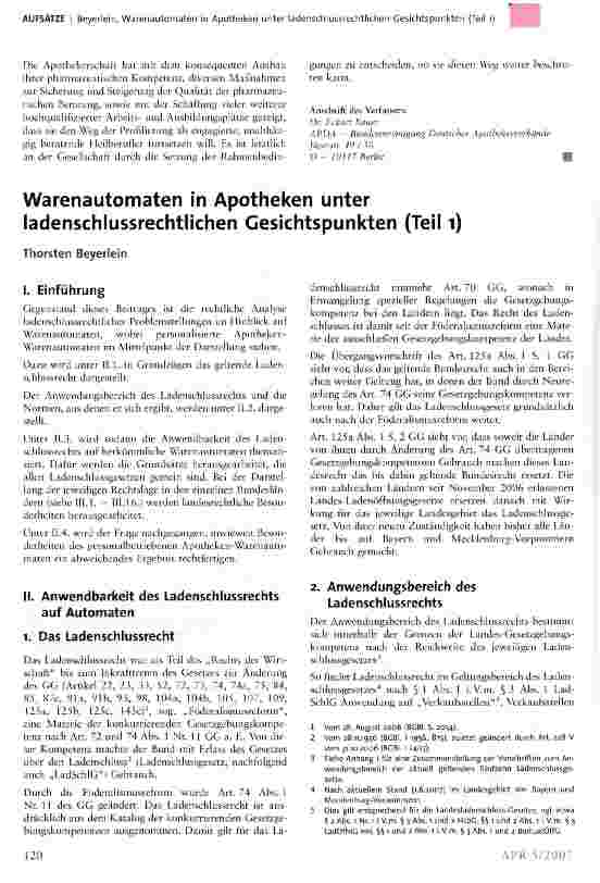 Vorschauseite 1: Warenautomaten in Apotheken unter ladenschlussrechtlichen Gesichtspunkten (Teil i)