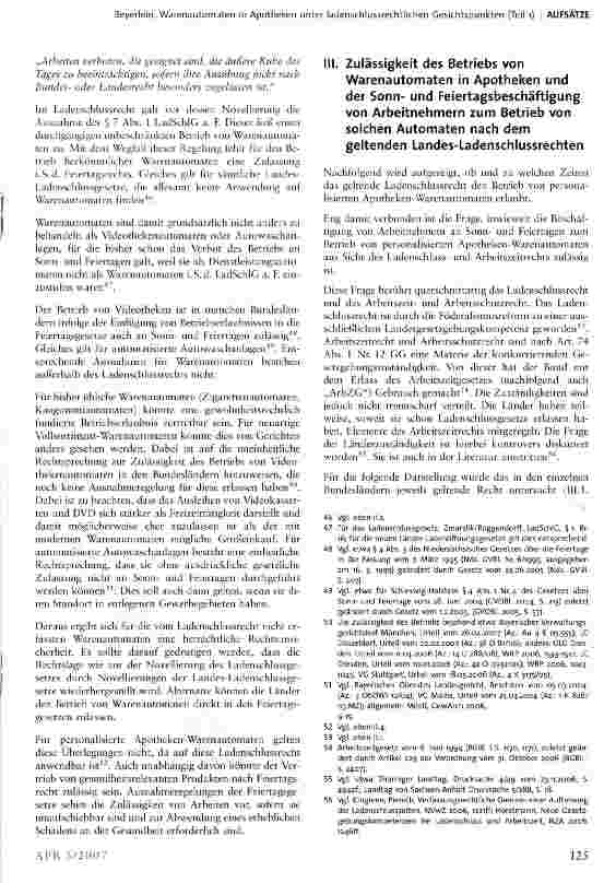 Vorschauseite 6: Warenautomaten in Apotheken unter ladenschlussrechtlichen Gesichtspunkten (Teil i)
