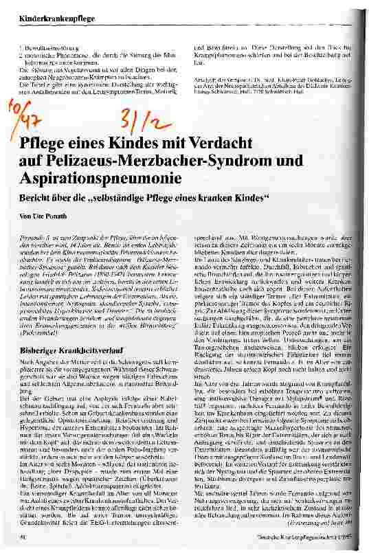 Vorschauseite 1: Pflege eines Kindes mit Verdacht auf Pelizaeus-Merzbacher-Syndrom und Aspirationspneumonie Bericht über die selbständige Pflege eines kranken Kindes