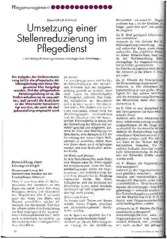 Vorschauseite 1: Umsetzung einer Stellenreduzierung im Pflegedienst - Am Beispiel einer operativen onkologischen Abteilung -