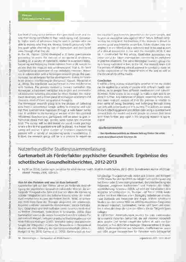 Vorschauseite 1: Nutzerfreundliche StudienzusammenfassungGartenarbeit als Förderfaktor psychischer Gesundheit: Ergebnisse des schottischen Gesundheitsberichtes, 2012-2013