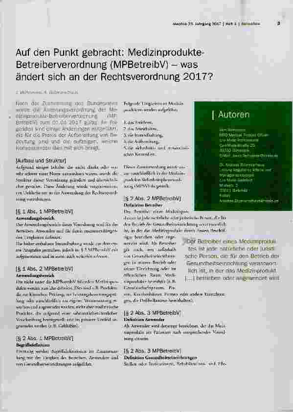 Vorschauseite 1: Auf den Punkt gebracht: Medizinprodukte- Betreiberverordnung (MPBetreibV) was ändert sich an der Rechtsverordnung 2017?