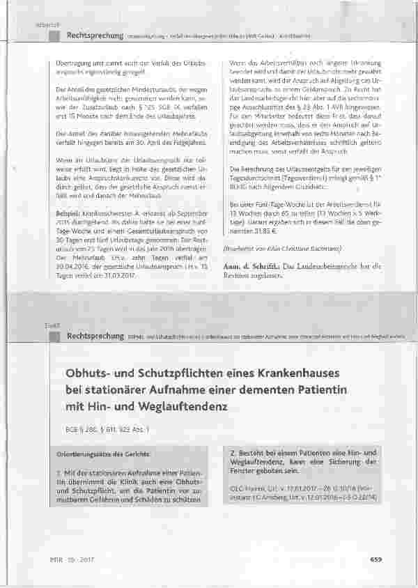 Vorschauseite 1: Obhutsund Schutzpflichten eines Krankenhauses bei stationärer Aufnahme einer dementen Patientin mit Hinund Weglauftendenz
